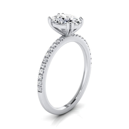 18K White Gold Oval Diamond Simple French Pave Double Claw Prong Engagement Ring -1/6ctw