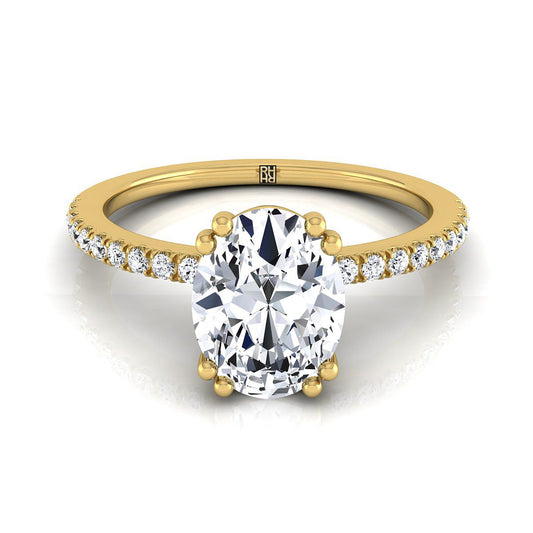 18K Yellow Gold Oval Diamond Simple French Pave Double Claw Prong Engagement Ring -1/6ctw