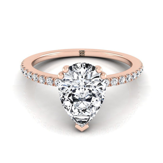 14K Rose Gold Pear Shape Center Diamond Simple French Pave Double Claw Prong Engagement Ring -1/6ctw