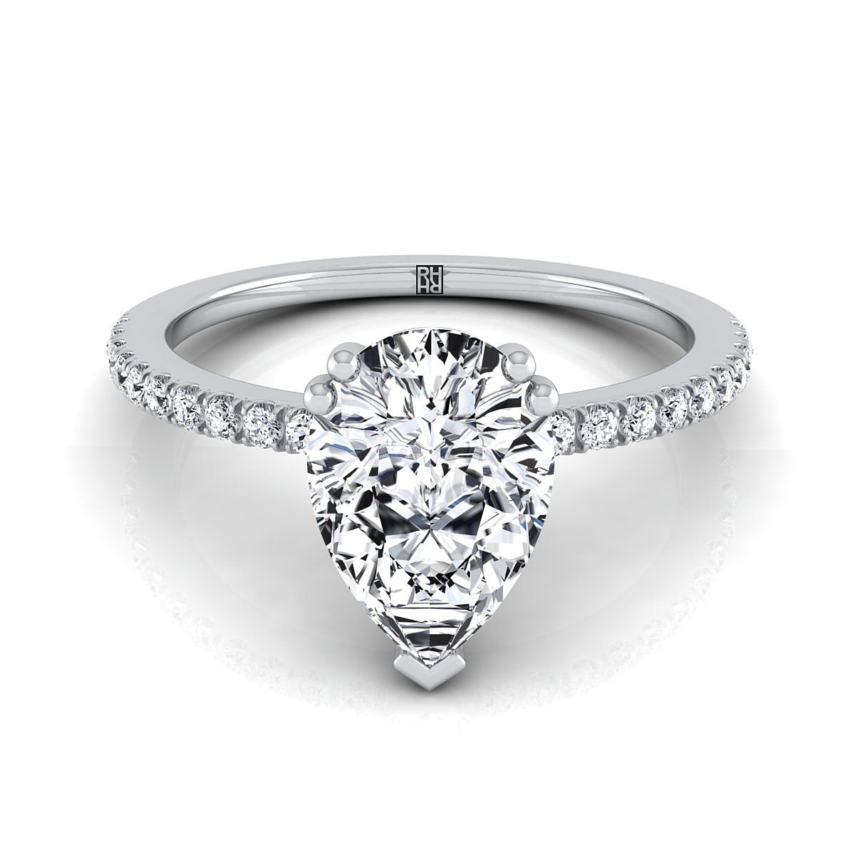 Platinum Pear Shape Center Diamond Simple French Pave Double Claw Prong Engagement Ring -1/6ctw