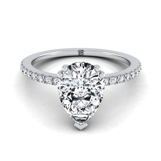 18K White Gold Pear Shape Center Diamond Simple French Pave Double Claw Prong Engagement Ring -1/6ctw