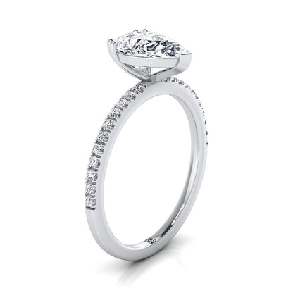 Platinum Pear Shape Center Diamond Simple French Pave Double Claw Prong Engagement Ring -1/6ctw
