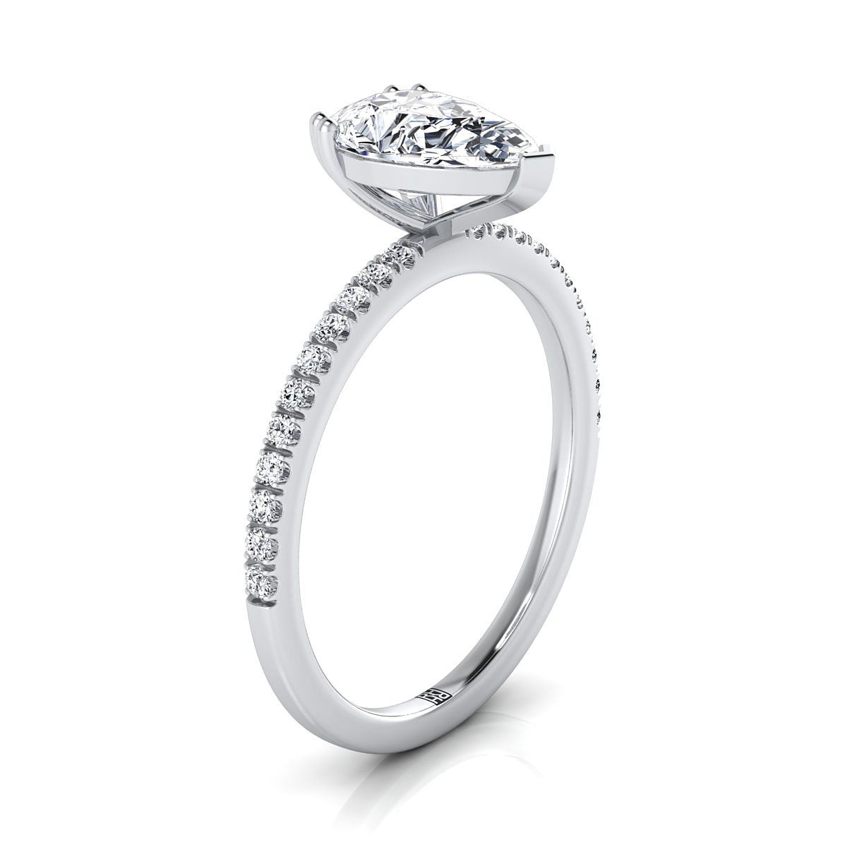 18K White Gold Pear Shape Center Diamond Simple French Pave Double Claw Prong Engagement Ring -1/6ctw