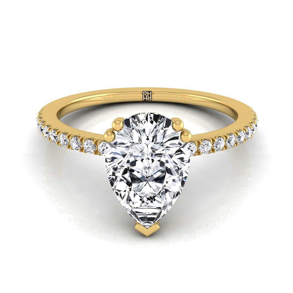 18K Yellow Gold Pear Shape Center Diamond Simple French Pave Double Claw Prong Engagement Ring -1/6ctw