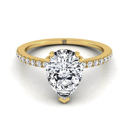 14K Yellow Gold Pear Shape Center Diamond Simple French Pave Double Claw Prong Engagement Ring -1/6ctw