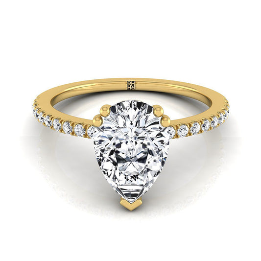 14K Yellow Gold Pear Shape Center Diamond Simple French Pave Double Claw Prong Engagement Ring -1/6ctw