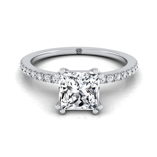 Platinum Princess Cut Diamond Simple French Pave Double Claw Prong Engagement Ring -1/6ctw