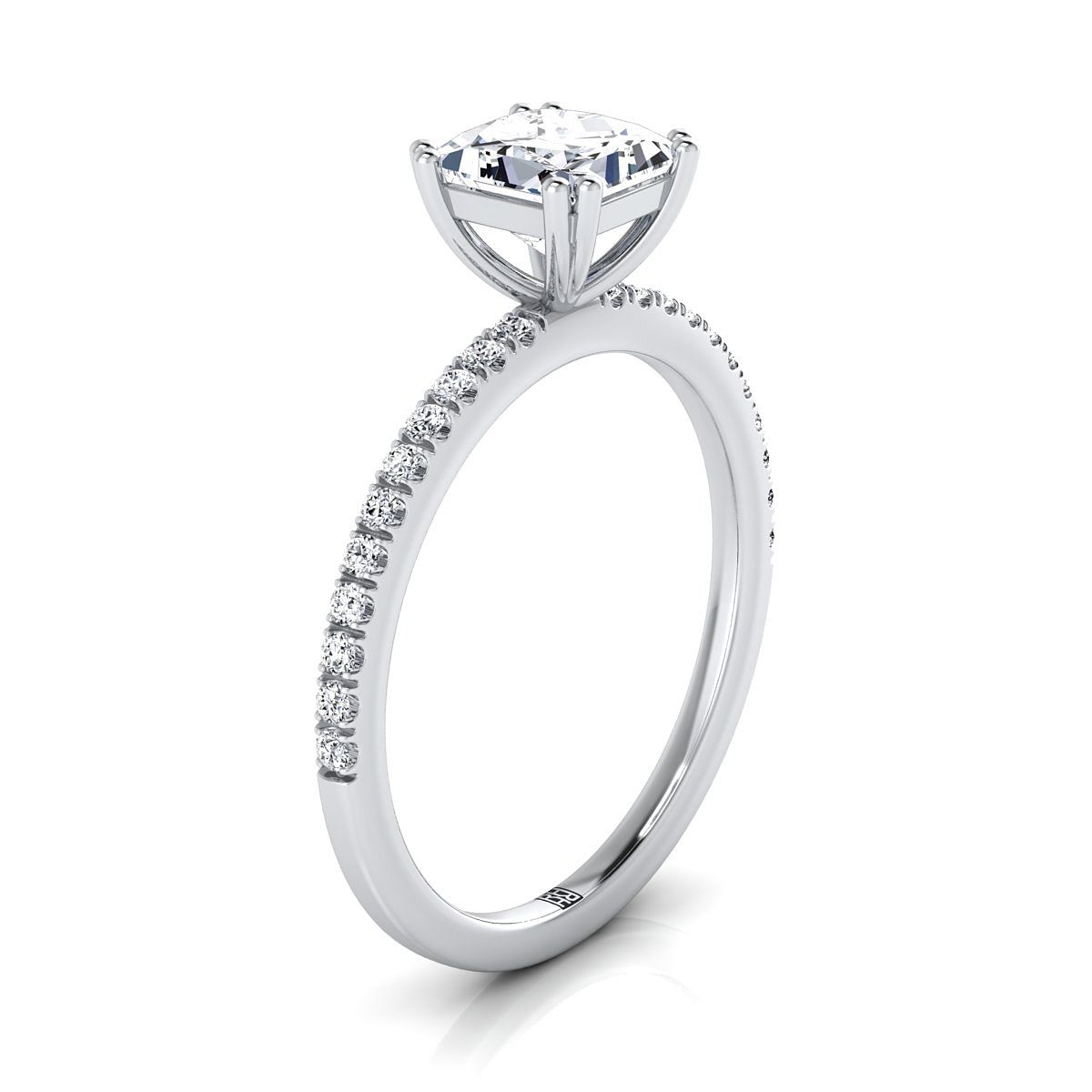 18K White Gold Princess Cut Diamond Simple French Pave Double Claw Prong Engagement Ring -1/6ctw