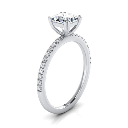 18K White Gold Princess Cut Diamond Simple French Pave Double Claw Prong Engagement Ring -1/6ctw