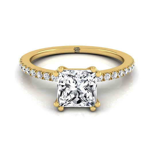 14K Yellow Gold Princess Cut Diamond Simple French Pave Double Claw Prong Engagement Ring -1/6ctw