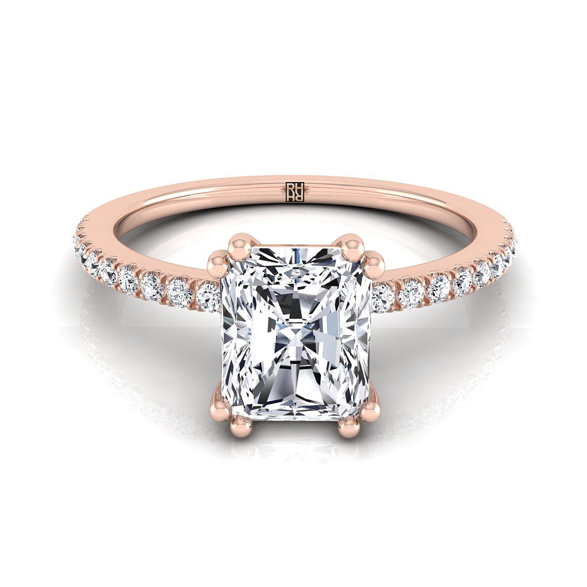 14K Rose Gold Radiant Cut Center Diamond Simple French Pave Double Claw Prong Engagement Ring -1/6ctw