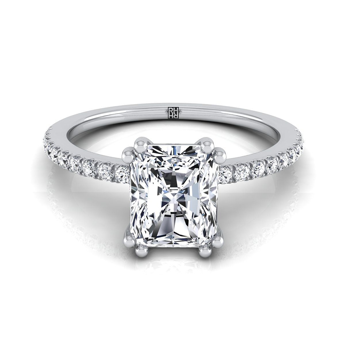 14K White Gold Radiant Cut Center Diamond Simple French Pave Double Claw Prong Engagement Ring -1/6ctw