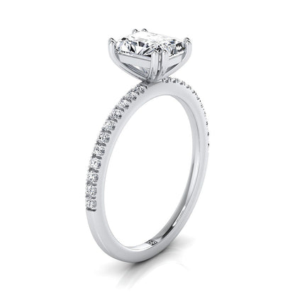 14K White Gold Radiant Cut Center Diamond Simple French Pave Double Claw Prong Engagement Ring -1/6ctw
