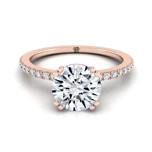 14K Rose Gold Round Brilliant Diamond Simple French Pave Double Claw Prong Engagement Ring -1/6ctw