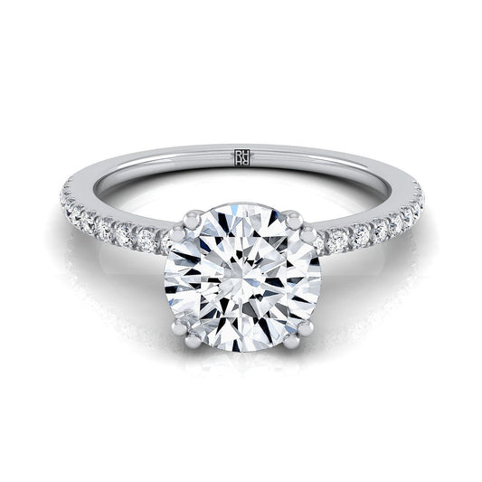 Platinum Round Brilliant Diamond Simple French Pave Double Claw Prong Engagement Ring -1/6ctw