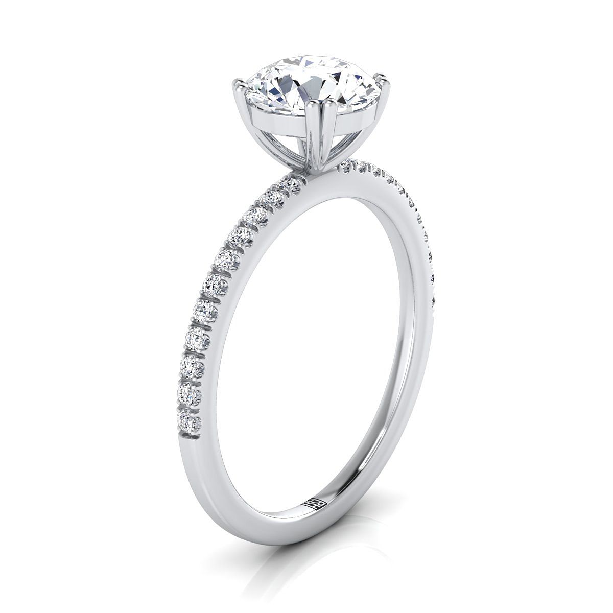 18K White Gold Round Brilliant Diamond Simple French Pave Double Claw Prong Engagement Ring -1/6ctw