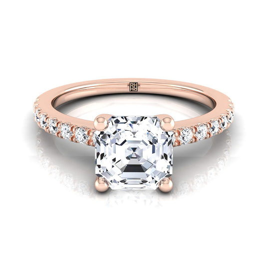 14K Rose Gold Asscher Cut Simple Linear Diamond Pave Engagement Ring -1/5ctw
