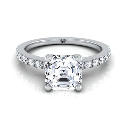 Platinum Asscher Cut Simple Linear Diamond Pave Engagement Ring -1/5ctw