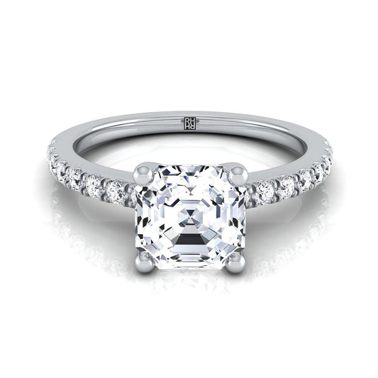 18K White Gold Asscher Cut Simple Linear Diamond Pave Engagement Ring -1/5ctw