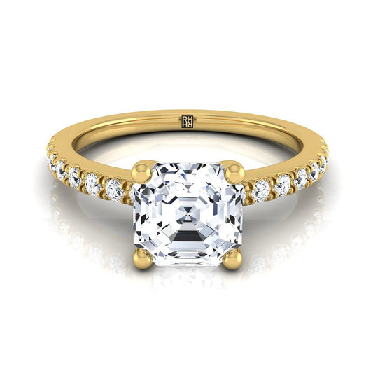 18K Yellow Gold Asscher Cut Simple Linear Diamond Pave Engagement Ring -1/5ctw