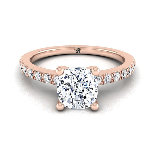 14K Rose Gold Cushion Simple Linear Diamond Pave Engagement Ring -1/5ctw