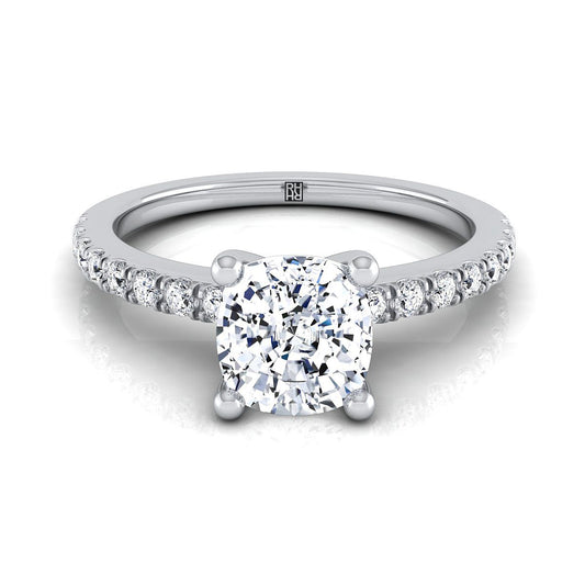Platinum Cushion Simple Linear Diamond Pave Engagement Ring -1/5ctw