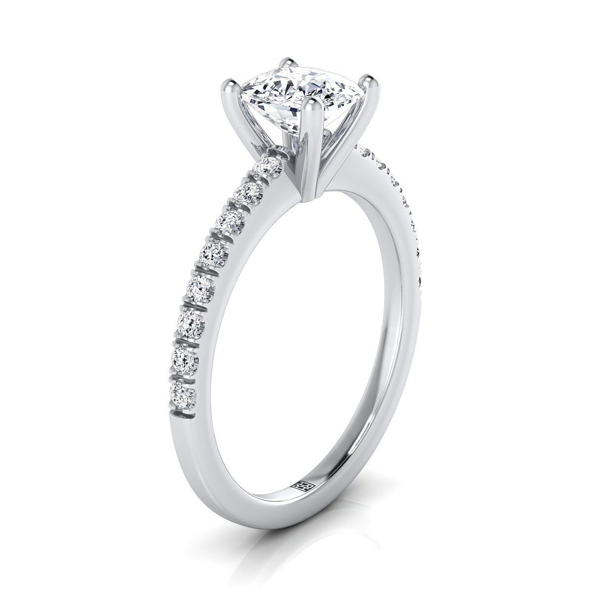 18K White Gold Cushion Simple Linear Diamond Pave Engagement Ring -1/5ctw