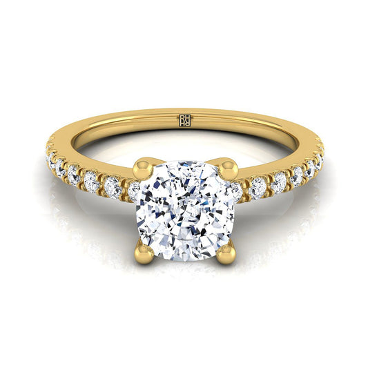 18K Yellow Gold Cushion Simple Linear Diamond Pave Engagement Ring -1/5ctw