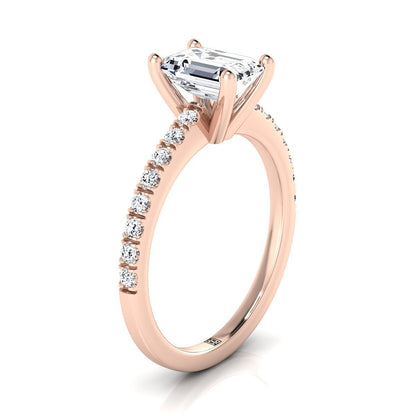 14K Rose Gold Emerald Cut Simple Linear Diamond Pave Engagement Ring -1/5ctw