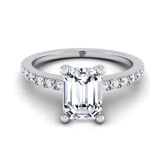 Platinum Emerald Cut Simple Linear Diamond Pave Engagement Ring -1/5ctw
