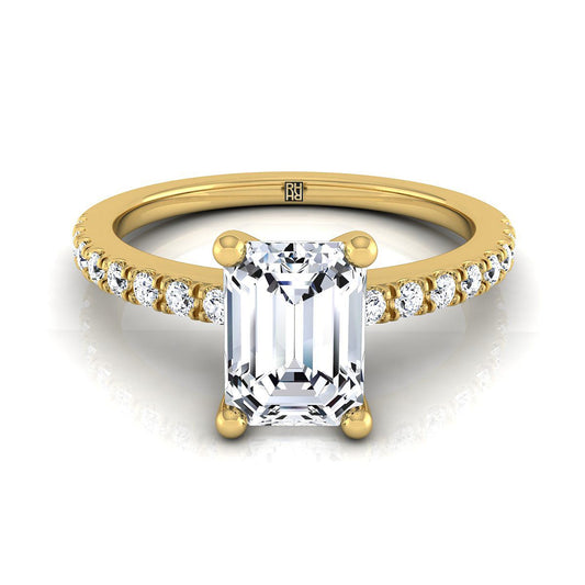 14K Yellow Gold Emerald Cut Simple Linear Diamond Pave Engagement Ring -1/5ctw