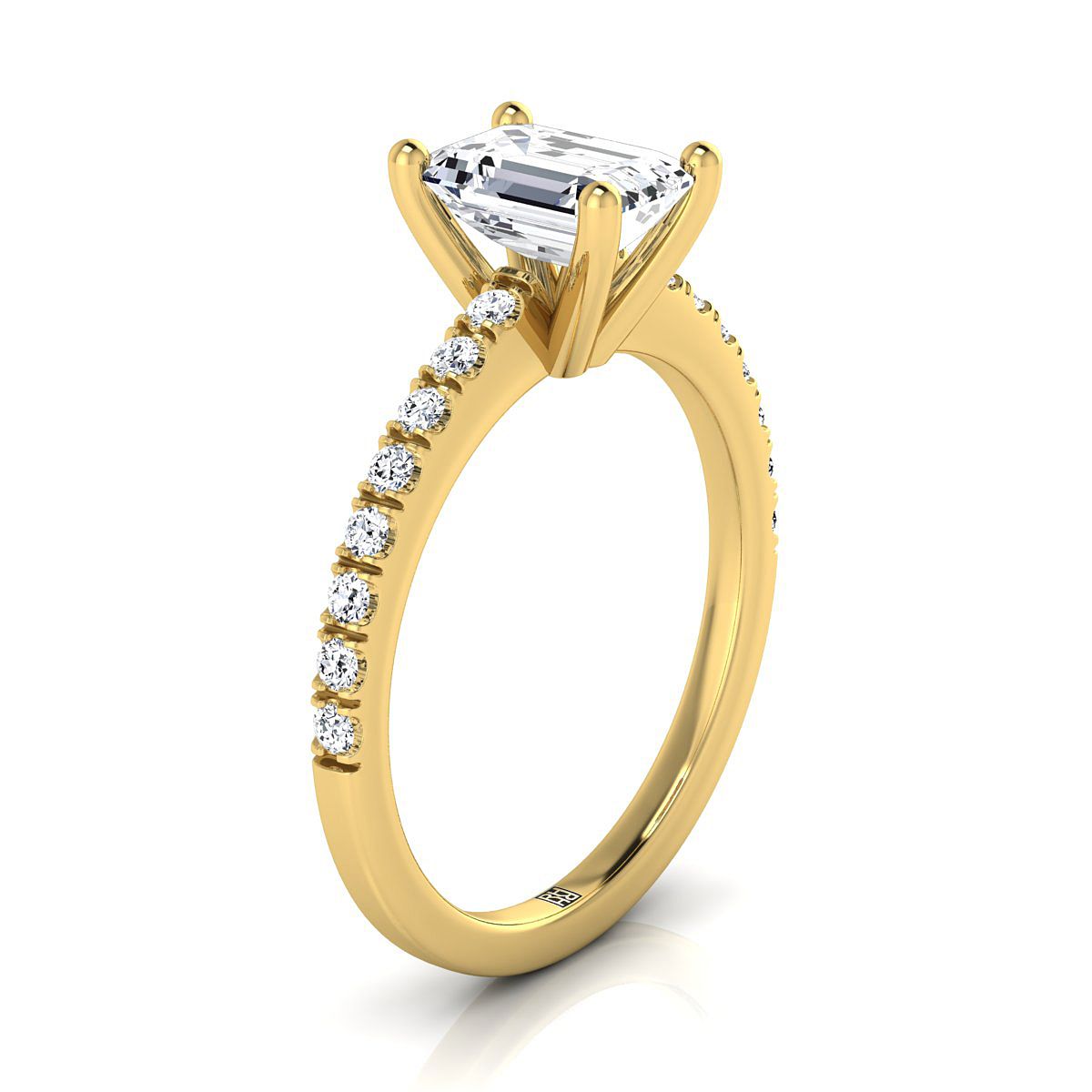18K Yellow Gold Emerald Cut Simple Linear Diamond Pave Engagement Ring -1/5ctw