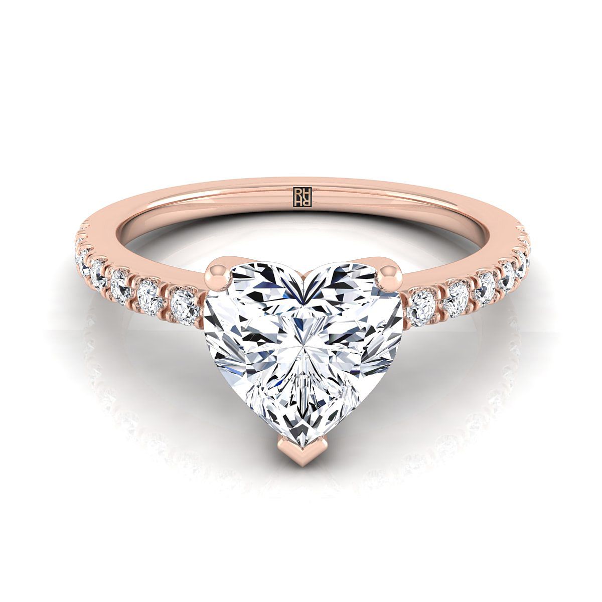14K Rose Gold Heart Shape Center Simple Linear Diamond Pave Engagement Ring -1/5ctw