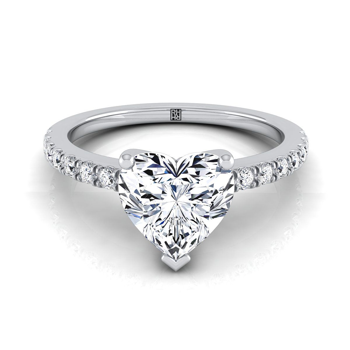 Platinum Heart Shape Center Simple Linear Diamond Pave Engagement Ring -1/5ctw