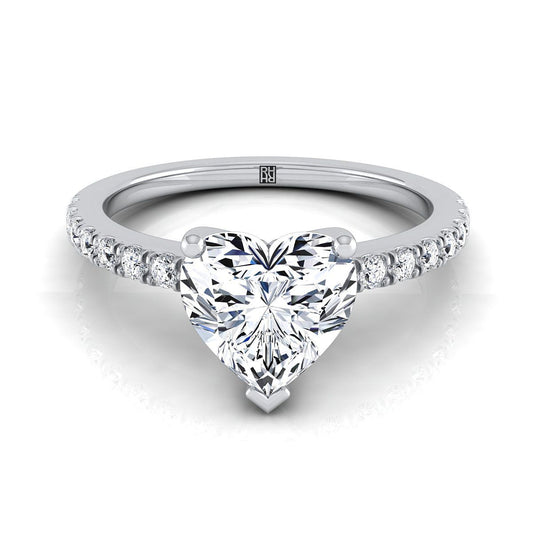 14K White Gold Heart Shape Center Simple Linear Diamond Pave Engagement Ring -1/5ctw