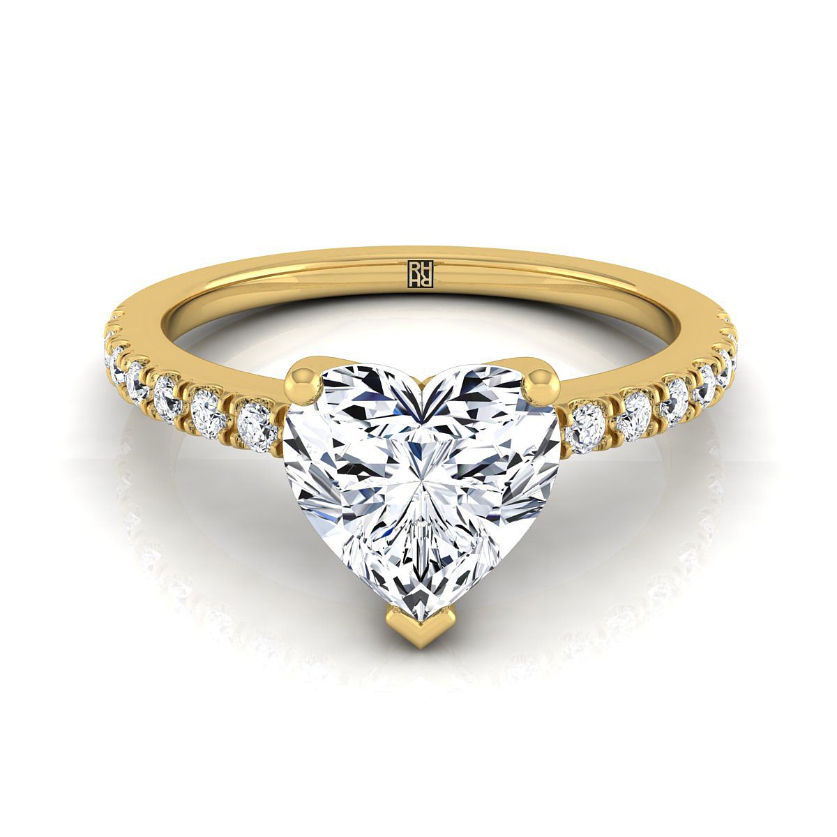18K Yellow Gold Heart Shape Center Simple Linear Diamond Pave Engagement Ring -1/5ctw