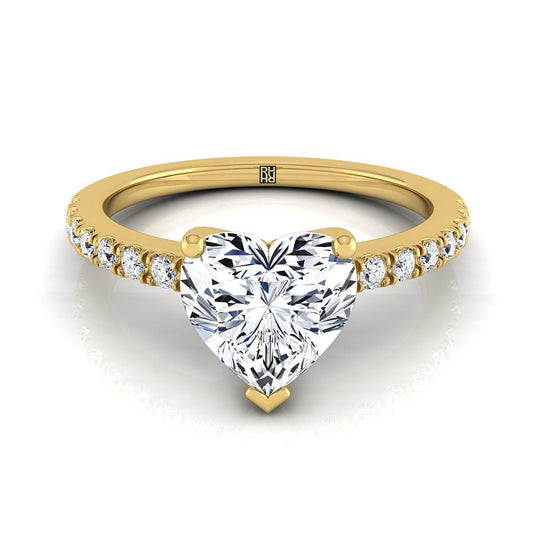 14K Yellow Gold Heart Shape Center Simple Linear Diamond Pave Engagement Ring -1/5ctw