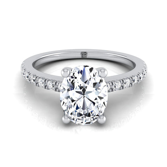 Platinum Oval Simple Linear Diamond Pave Engagement Ring -1/5ctw