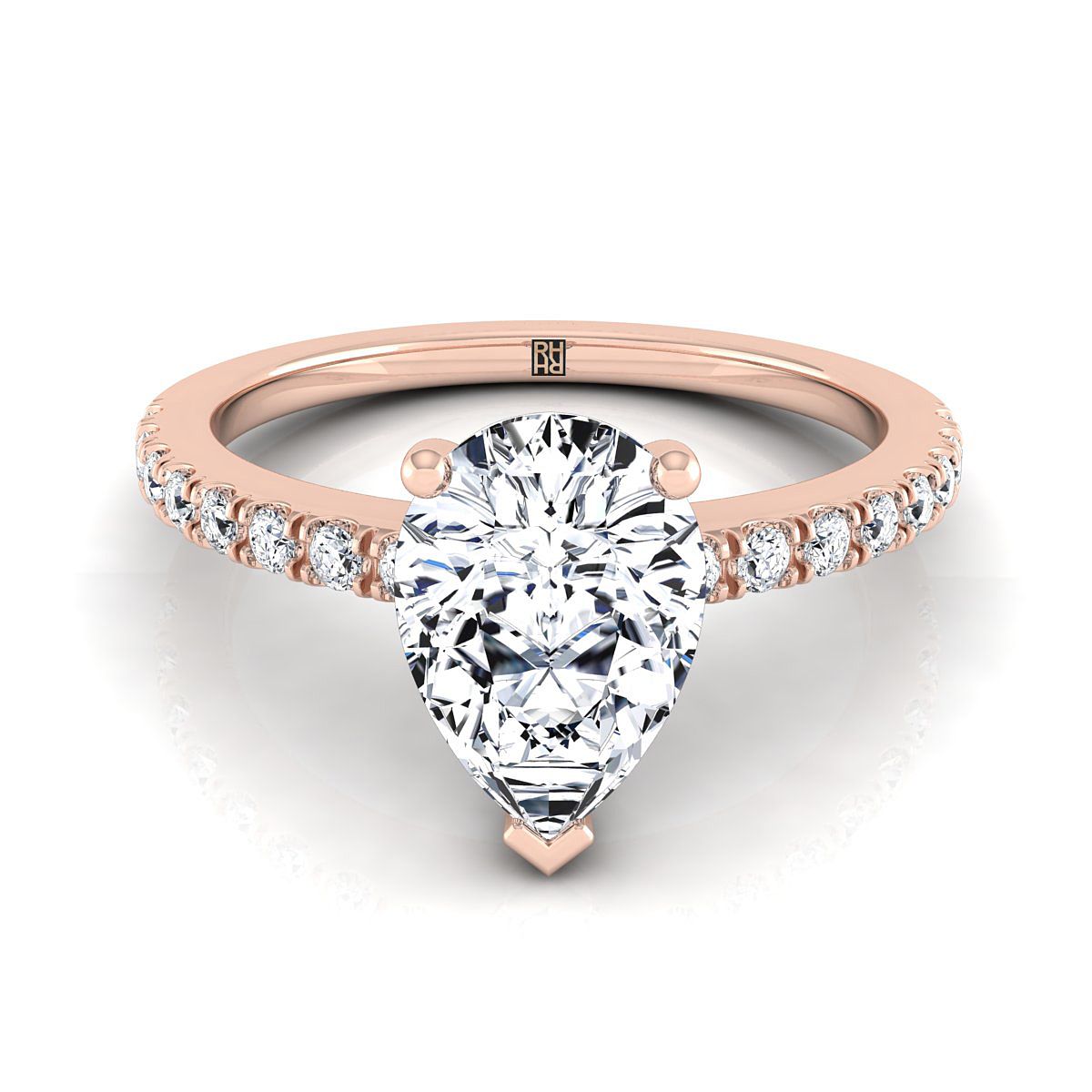 14K Rose Gold Pear Shape Center Simple Linear Diamond Pave Engagement Ring -1/5ctw
