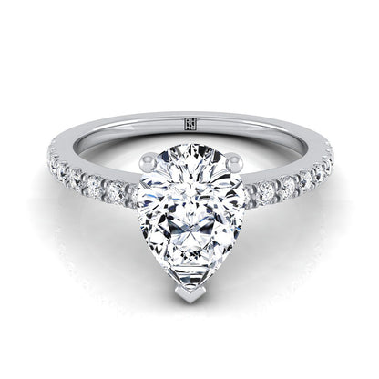 14K White Gold Pear Shape Center Simple Linear Diamond Pave Engagement Ring -1/5ctw