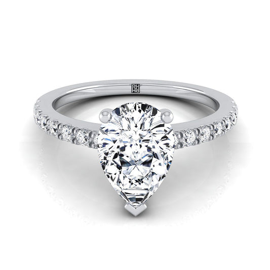 14K White Gold Pear Shape Center Simple Linear Diamond Pave Engagement Ring -1/5ctw