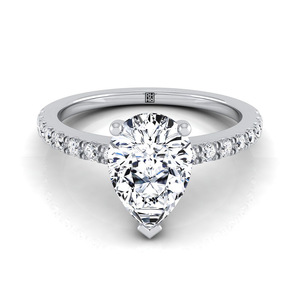 Platinum Pear Shape Center Simple Linear Diamond Pave Engagement Ring -1/5ctw