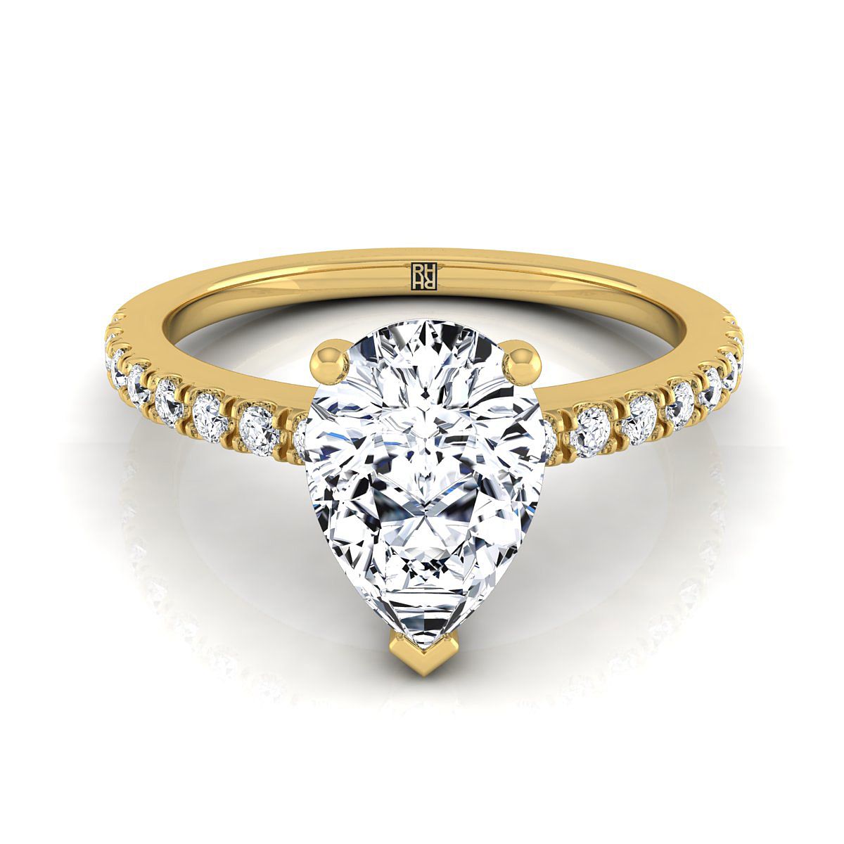 14K Yellow Gold Pear Shape Center Simple Linear Diamond Pave Engagement Ring -1/5ctw