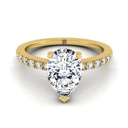 18K Yellow Gold Pear Shape Center Simple Linear Diamond Pave Engagement Ring -1/5ctw