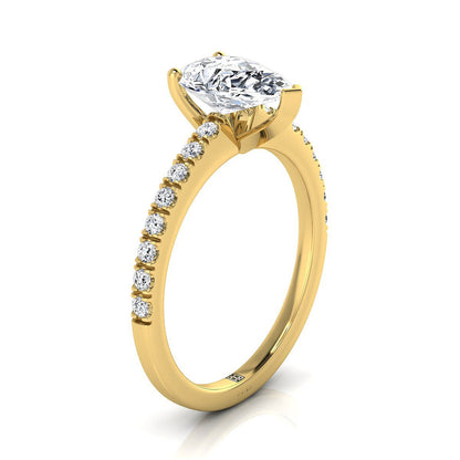 18K Yellow Gold Pear Shape Center Simple Linear Diamond Pave Engagement Ring -1/5ctw