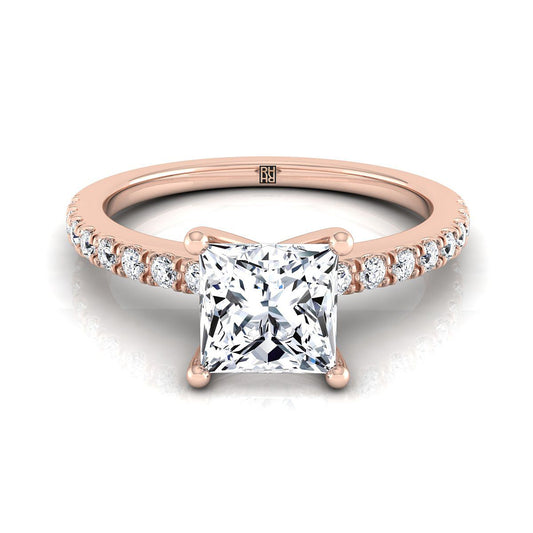 14K Rose Gold Princess Cut Simple Linear Diamond Pave Engagement Ring -1/5ctw