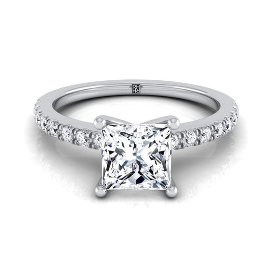 14K White Gold Princess Cut Simple Linear Diamond Pave Engagement Ring -1/5ctw
