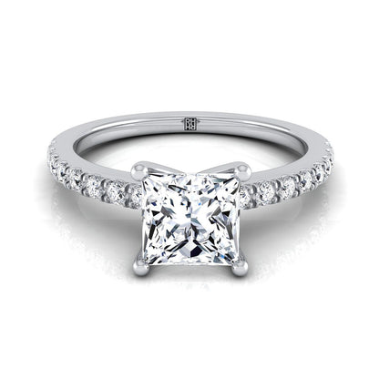 18K White Gold Princess Cut Simple Linear Diamond Pave Engagement Ring -1/5ctw
