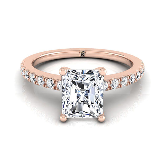 14K Rose Gold Radiant Cut Center Simple Linear Diamond Pave Engagement Ring -1/5ctw