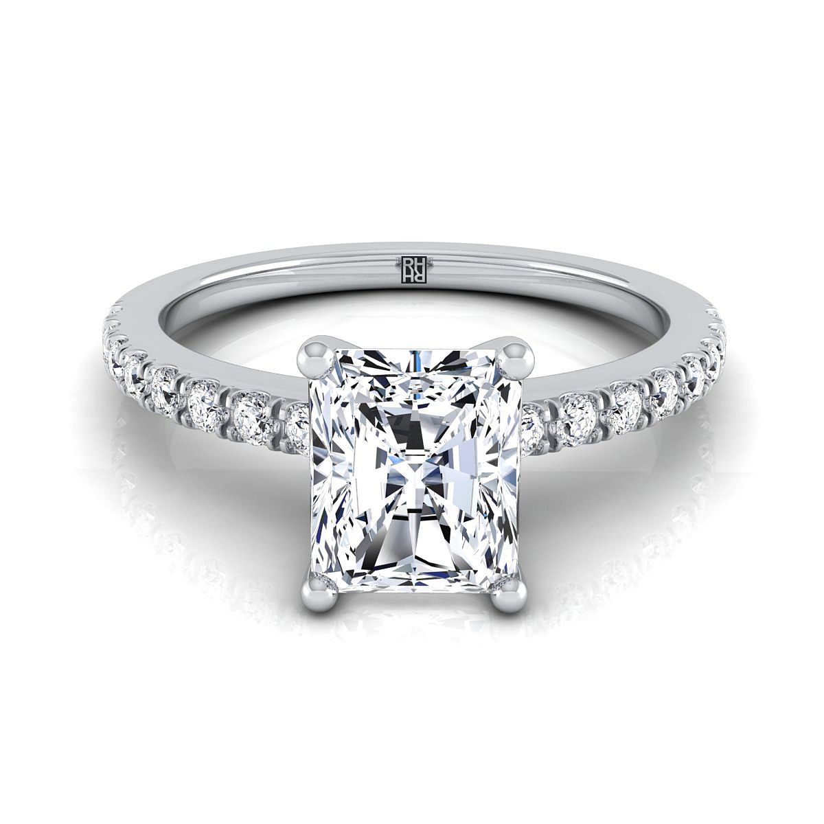 Platinum Radiant Cut Center Simple Linear Diamond Pave Engagement Ring -1/5ctw